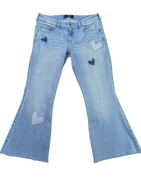 Hollister Heart Patch Flared Jeans Women's 12R Blue Low Rise Y2K Love Boho Denim